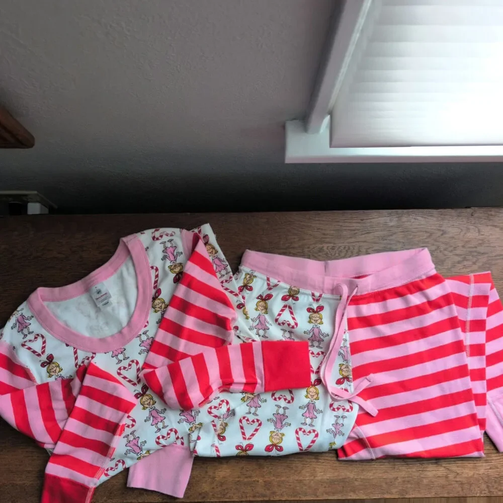 Hanna Anderson Dr Seuss Grinch Kids Pajamas M Oeko Tex Pink Red Stripe Cindy Lou